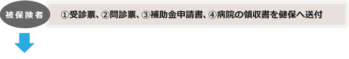 被保険者：①受診票、②問診票、③補助金申請書、④病院の領収書を健保へ送付